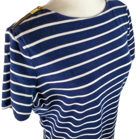 Michael Kors navy blue and white striped top large Zipper shoulders - Picture 2 of 5